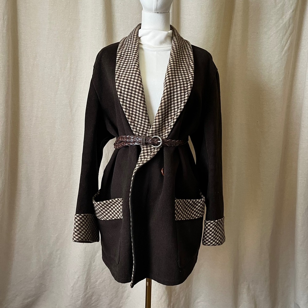Vintage Linton Copenhagen Wool‎ Jacket Brown Houndstooth Shawl Collar 80s